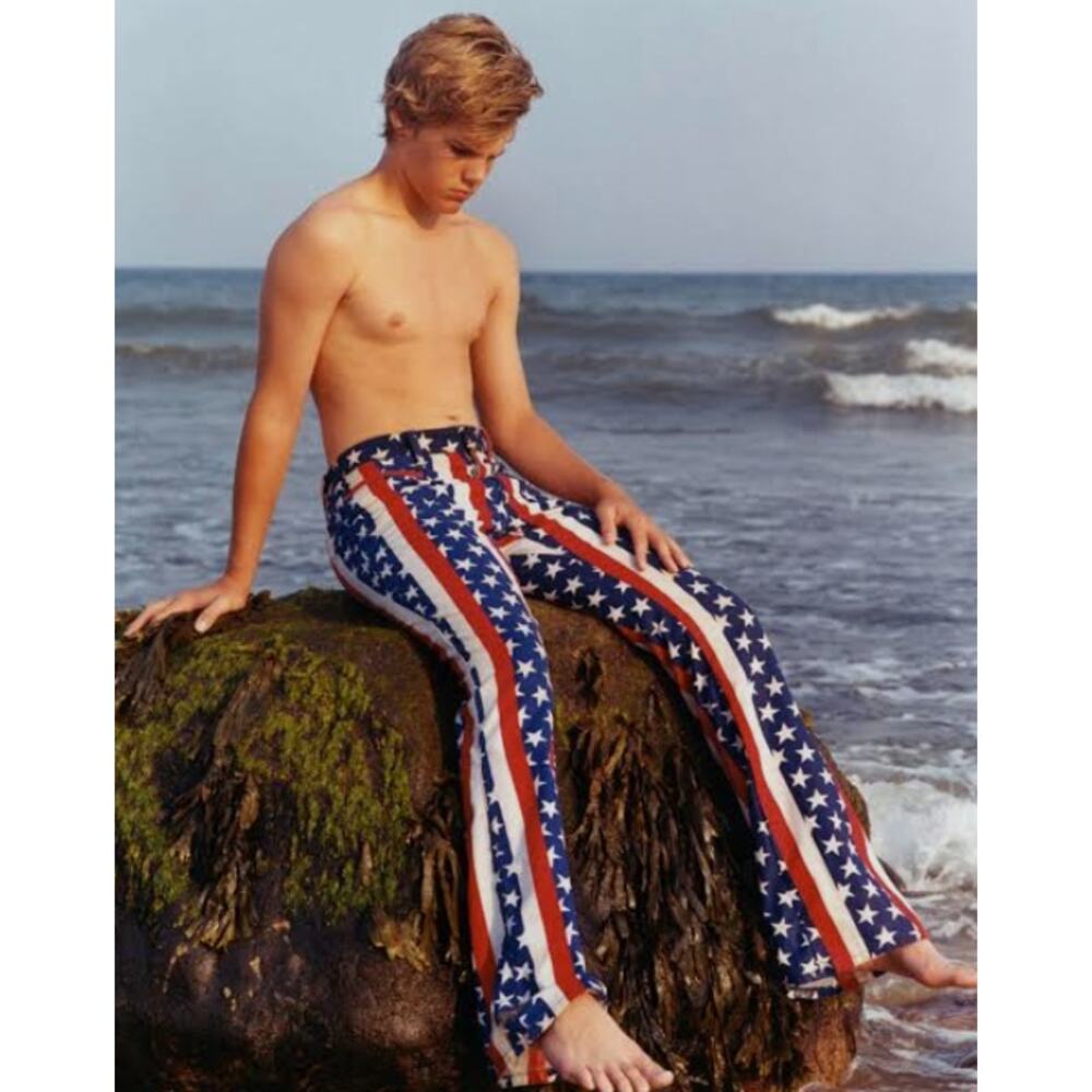 VTG 60s 70s Male WOODSTOCK Stars & Stripes Flag HIPPIE Flare Hip Hugger Jeans 30